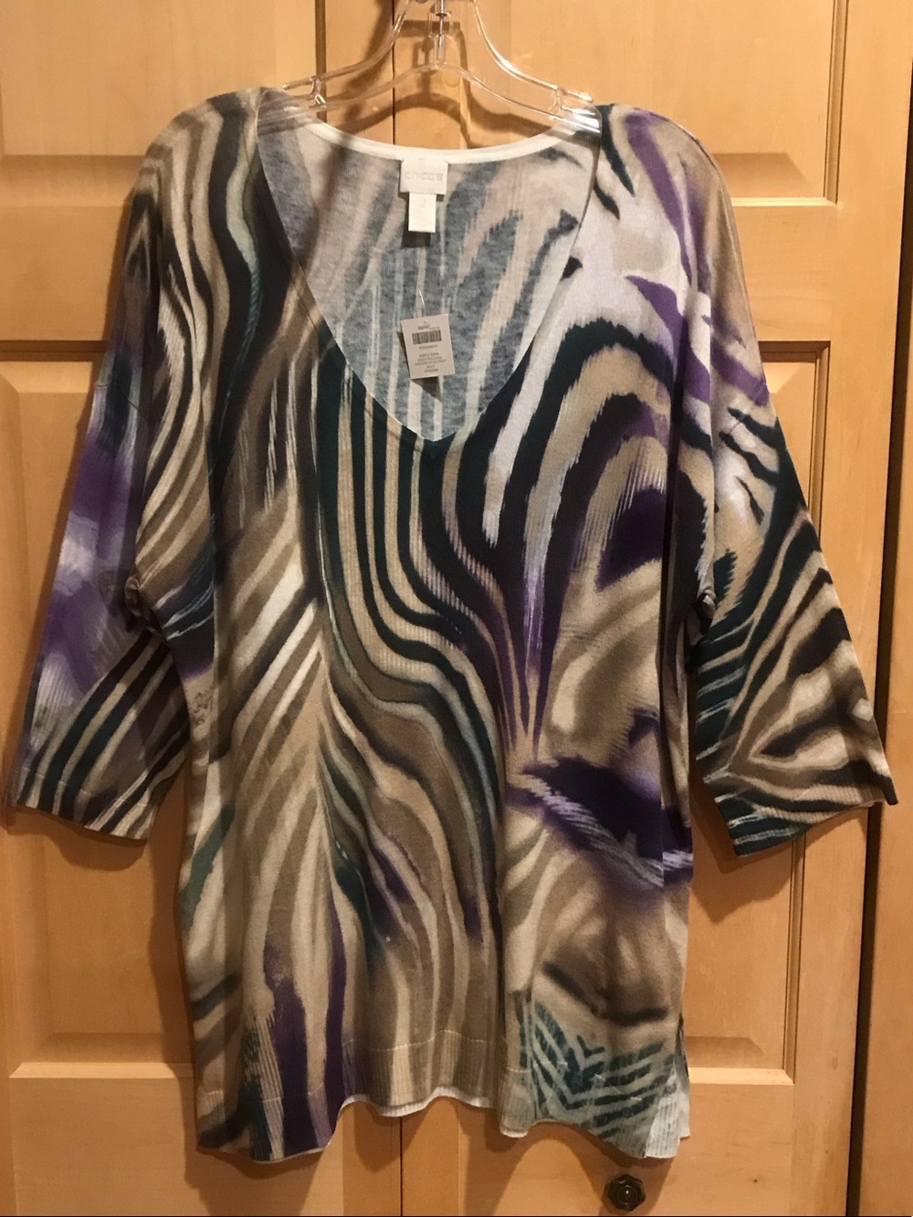 New Chico's V-Neck Subtle Zebra Pullover Sweater - Purple, Beige & Teal
